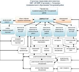 Первый уровень структуры – уровень директора (по содержанию – это уровень стратегического управления). Директор определяет совместно с Управляющим советом стратегию развития учреждения, представляет её интересы в государственных и общественных инстанциях. Общее собрание трудового коллектива согласовывает Программу развития Центра. Директор несет персональную юридическую ответственность за организацию жизнедеятельности учреждения, создает благоприятные условия для его развития.  Прошедший аттестацию директор, который назначается распоряжением главы администрации  муниципального образования Тихорецкий, осуществляет  непосредственное управление Центром в соответствии с действующим трудовым законодательством. Директор несет ответственность перед государством, обществом, родителями и Учредителем за свою деятельность в соответствии с функциональными обязанностями, предусмотренными квалификационными требованиями и Уставом учреждения, а также за организацию работы по противопожарной безопасности и антитеррористической защищенности.
  На втором уровне структуры (по содержанию – это тоже уровень стратегического управления) функционируют традиционные субъекты управления: Управляющий совет, Педагогический совет, 
общее собрание трудового коллектива, профсоюзный комитет.
  Третий уровень структуры управления (по содержанию – это уровень тактического управления) – уровень заместителей директора. Этот уровень представлен также методическим советом. Методический совет – коллегиальный совещательный орган, в состав которого входят руководители методических объединений.
  Четвертый уровень организационной структуры управления – уровень педагогов, функциональных служб (по содержанию – это уровень оперативного управления), структурных подразделений школы. Методические объединения – структурные подразделения методической службы учреждения, объединяют педагогов одной направленности.
   Формами самоуправления являются
- Управляющий Совет,
- Педагогический Совет,
- Родительский комитет,
- Общее собрание трудового коллектива.
  Пятый уровень организационной структуры – уровень родителей (родительская общественность)
  Шестой уровень - уровень обучающихся. По содержанию – это тоже уровень оперативного управления, но из-за особой специфичности субъектов, этот уровень скорее можно назвать уровнем «соуправления». Иерархические связи по отношению к субъектам уровня предполагают курирование, помощь, педагогическое руководство.Органы ученического самоуправления действуют на основании утвержденных Положений.